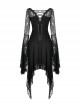 Gothic Style Hollow Corsage Elegant Lace Embroidered Long Sleeves Long Hem Black Slim Dress
