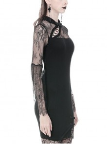 Gothic Style Classical Stand Collar Sexy Hollow Lace Cheongsam Black Long Sleeve Short Dress