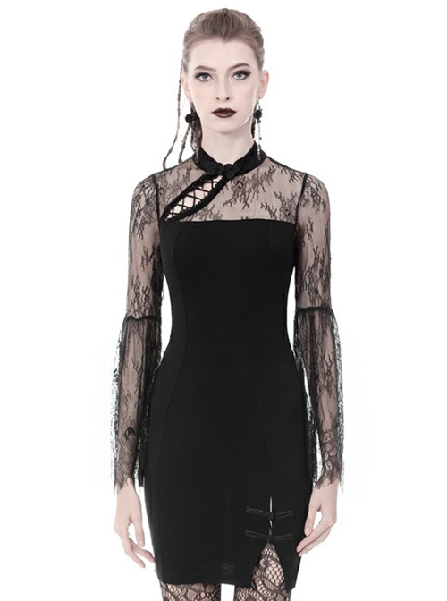 Gothic Style Classical Stand Collar Sexy Hollow Lace Cheongsam Black Long Sleeve Short Dress