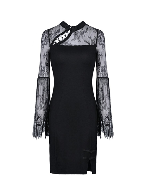 Gothic Style Classical Stand Collar Sexy Hollow Lace Cheongsam Black Long Sleeve Short Dress