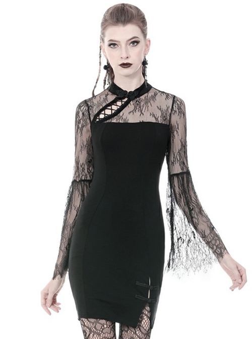 Gothic Style Classical Stand Collar Sexy Hollow Lace Cheongsam Black Long Sleeve Short Dress