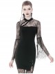 Gothic Style Classical Stand Collar Sexy Hollow Lace Cheongsam Black Long Sleeve Short Dress