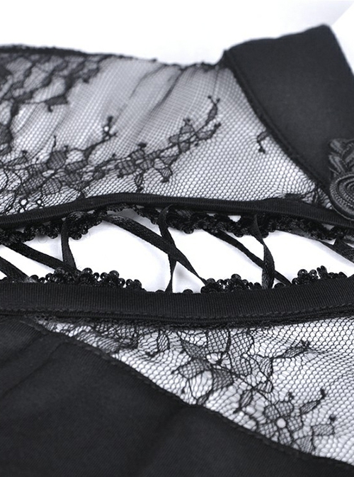 Gothic Style Classical Stand Collar Sexy Hollow Lace Cheongsam Black Long Sleeve Short Dress