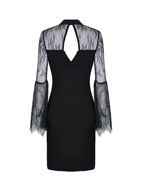 Gothic Style Classical Stand Collar Sexy Hollow Lace Cheongsam Black Long Sleeve Short Dress