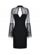 Gothic Style Classical Stand Collar Sexy Hollow Lace Cheongsam Black Long Sleeve Short Dress