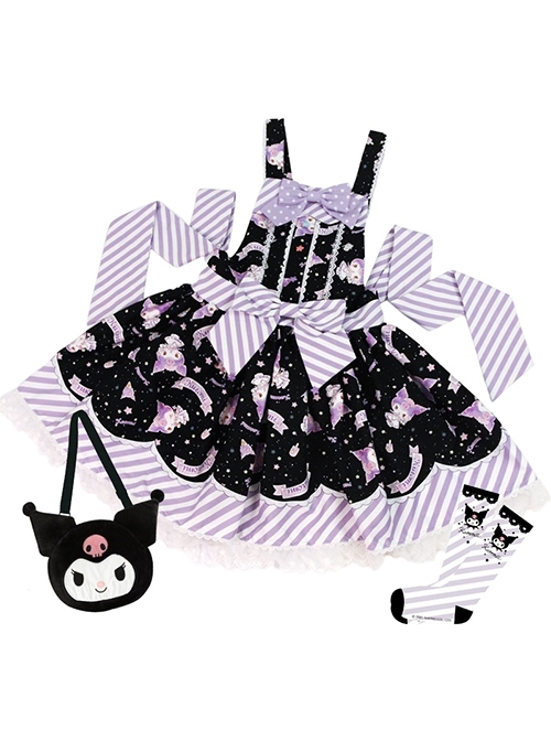 Star Gummy Series Cute Cartoon Sanrio Animal Stripe Print Bowknot Soft Girl Sweet Lolita Suspender Dress Crossbody Bag Socks Set