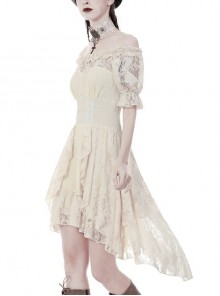 Steampunk Style Retro One Shoulder Lace Hem Short Front Long Back Design Beige Short Sleeve Dress