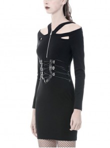 Punk Style Chest Zipper Off Shoulder Leather Strap Waist Black Long Sleeve Tight Dress