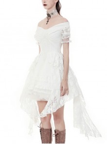 Steampunk Style Elegant One Shoulder Length Hem Retro White Lace Short Sleeve Dress