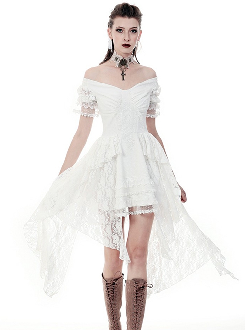 Steampunk Style Elegant One Shoulder Length Hem Retro White Lace Short Sleeve Dress