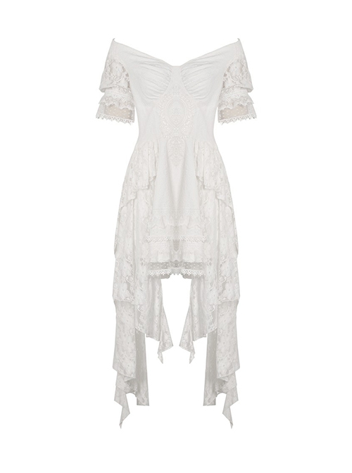Steampunk Style Elegant One Shoulder Length Hem Retro White Lace Short Sleeve Dress