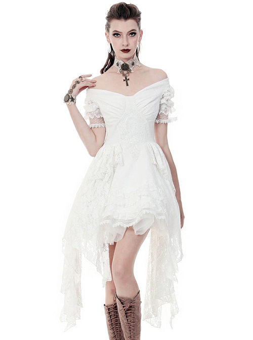 Steampunk Style Elegant One Shoulder Length Hem Retro White Lace Short Sleeve Dress