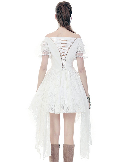 Steampunk Style Elegant One Shoulder Length Hem Retro White Lace Short Sleeve Dress