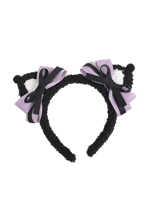 Black Purple Little Idol Holiday Ribbon Bowknot Symmetrical Cute Plush Cat Ear Sweet Lolita Headband