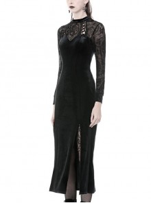 Gothic Style Elegant Velvet Lace Splicing Chest Hollow Hem Slit Black Tight Long Sleeve Dress