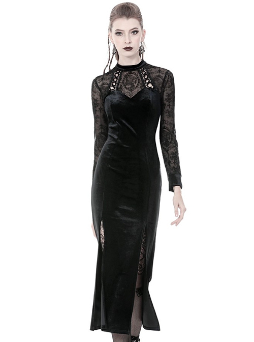 Gothic Style Elegant Velvet Lace Splicing Chest Hollow Hem Slit Black Tight Long Sleeve Dress