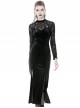 Gothic Style Elegant Velvet Lace Splicing Chest Hollow Hem Slit Black Tight Long Sleeve Dress