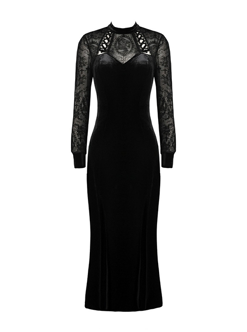 Gothic Style Elegant Velvet Lace Splicing Chest Hollow Hem Slit Black Tight Long Sleeve Dress