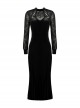 Gothic Style Elegant Velvet Lace Splicing Chest Hollow Hem Slit Black Tight Long Sleeve Dress