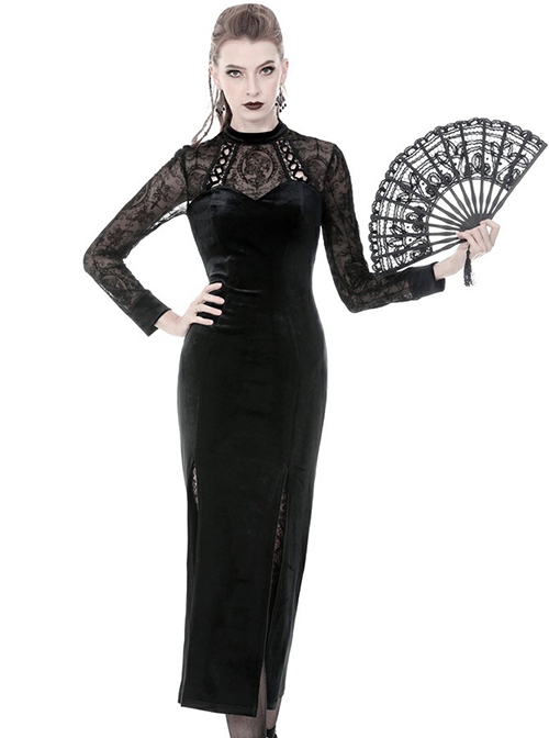 Gothic Style Elegant Velvet Lace Splicing Chest Hollow Hem Slit Black Tight Long Sleeve Dress