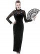Gothic Style Elegant Velvet Lace Splicing Chest Hollow Hem Slit Black Tight Long Sleeve Dress
