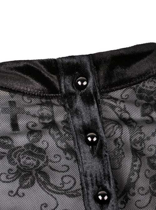 Gothic Style Elegant Velvet Lace Splicing Chest Hollow Hem Slit Black Tight Long Sleeve Dress