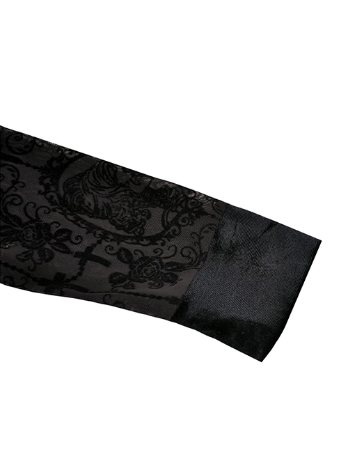 Gothic Style Elegant Velvet Lace Splicing Chest Hollow Hem Slit Black Tight Long Sleeve Dress