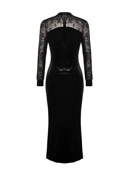 Gothic Style Elegant Velvet Lace Splicing Chest Hollow Hem Slit Black Tight Long Sleeve Dress