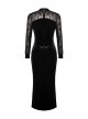 Gothic Style Elegant Velvet Lace Splicing Chest Hollow Hem Slit Black Tight Long Sleeve Dress