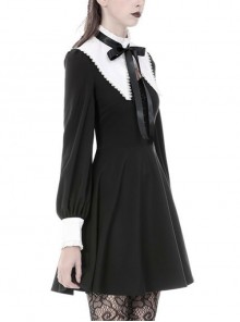 Gothic Style White Inverted Triangle Shawl Cross Lace Decoration Elegant Black Long Sleeve Dress