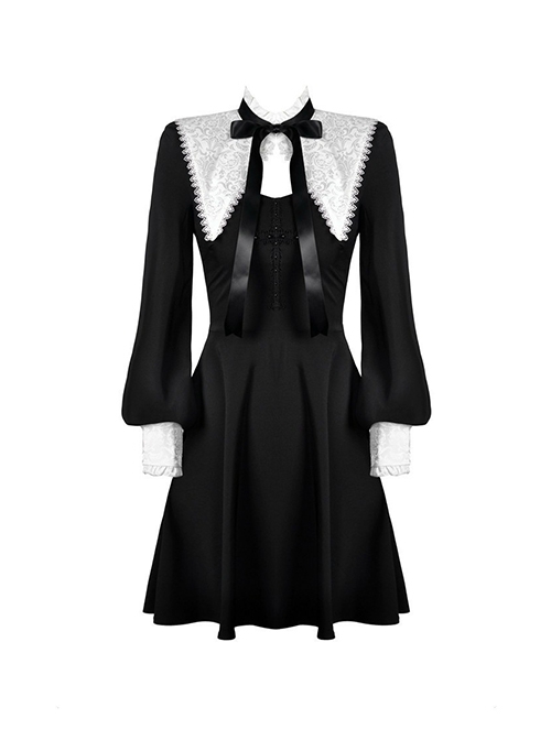 Gothic Style White Inverted Triangle Shawl Cross Lace Decoration Elegant Black Long Sleeve Dress