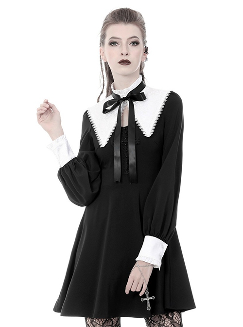 Gothic Style White Inverted Triangle Shawl Cross Lace Decoration Elegant Black Long Sleeve Dress