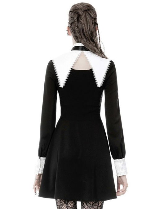 Gothic Style White Inverted Triangle Shawl Cross Lace Decoration Elegant Black Long Sleeve Dress
