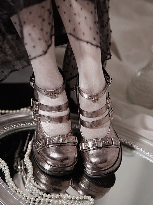 Metal Button Straps Elegant Punk Retro Silver Chain Gothic Lolita Round Toe High Heel Thick Sole Mary Jane Shoes