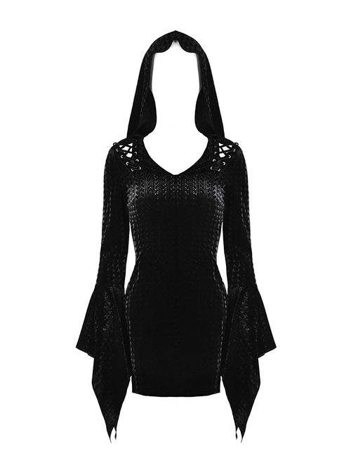 Gothic Dark Style Elegant Velvet Shoulder Hollow Backless Black Hooded Slim Fit Witch Short Dress