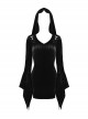 Gothic Dark Style Elegant Velvet Shoulder Hollow Backless Black Hooded Slim Fit Witch Short Dress