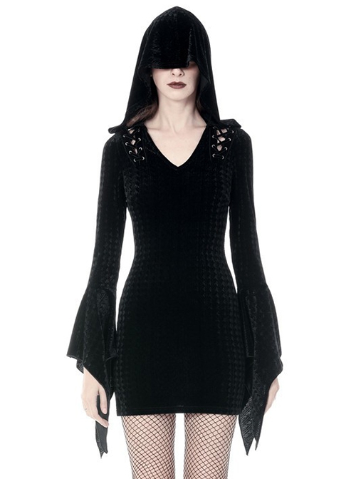 Gothic Dark Style Elegant Velvet Shoulder Hollow Backless Black Hooded Slim Fit Witch Short Dress