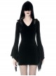 Gothic Dark Style Elegant Velvet Shoulder Hollow Backless Black Hooded Slim Fit Witch Short Dress