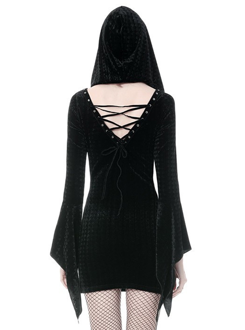 Gothic Dark Style Elegant Velvet Shoulder Hollow Backless Black Hooded Slim Fit Witch Short Dress