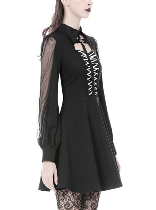 Gothic Style Bat Collar White Strapped Metal Cross Decorated Black Mesh Long Sleeve Dress
