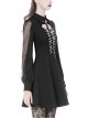 Gothic Style Bat Collar White Strapped Metal Cross Decorated Black Mesh Long Sleeve Dress
