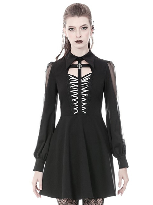 Gothic Style Bat Collar White Strapped Metal Cross Decorated Black Mesh Long Sleeve Dress