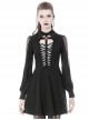 Gothic Style Bat Collar White Strapped Metal Cross Decorated Black Mesh Long Sleeve Dress