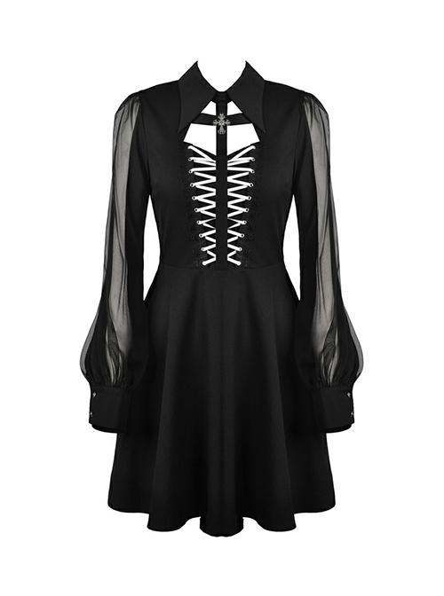 Gothic Style Bat Collar White Strapped Metal Cross Decorated Black Mesh Long Sleeve Dress