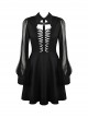 Gothic Style Bat Collar White Strapped Metal Cross Decorated Black Mesh Long Sleeve Dress