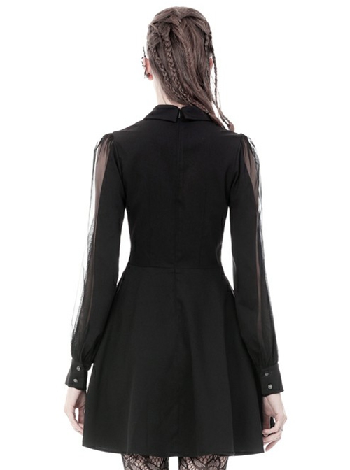Gothic Style Bat Collar White Strapped Metal Cross Decorated Black Mesh Long Sleeve Dress
