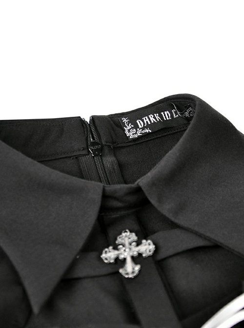 Gothic Style Bat Collar White Strapped Metal Cross Decorated Black Mesh Long Sleeve Dress