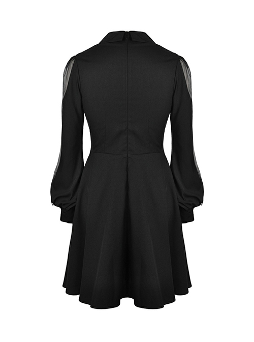 Gothic Style Bat Collar White Strapped Metal Cross Decorated Black Mesh Long Sleeve Dress