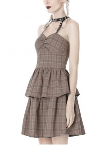 Punk Style Leather Halterneck Metal Love Buckle Rivets Decorated Strapless Tight Brown Plaid Dress