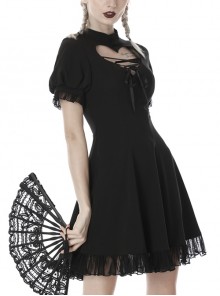 Gothic Style Stand Up Collar Puff Sleeves Lace Heart Hollow Backless Black Short Sleeve Dress